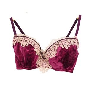 Peach John Burgundy Velvet Lace Trim Underwire Bra Size‎ G75
